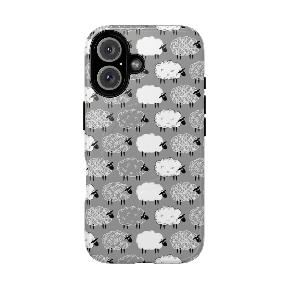 Soft and durable phone case featuring a repeating pattern of hand-drawn black and white sheep illustrations.