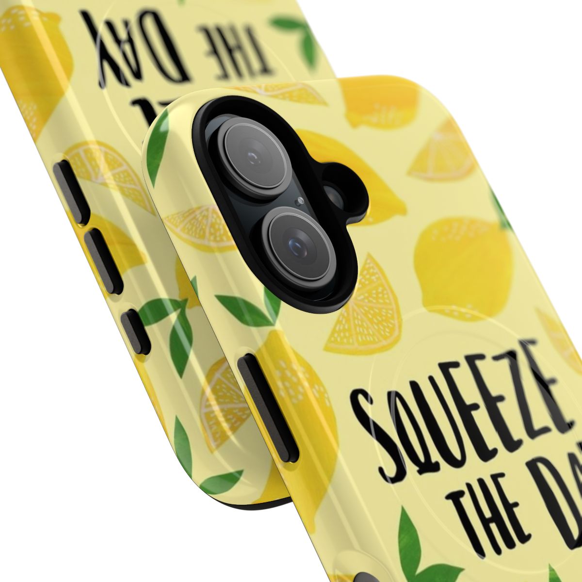 Magnetic tough phone case with a "Squeeze the Day" lemon design, featuring a motivational and punny print. - Detail