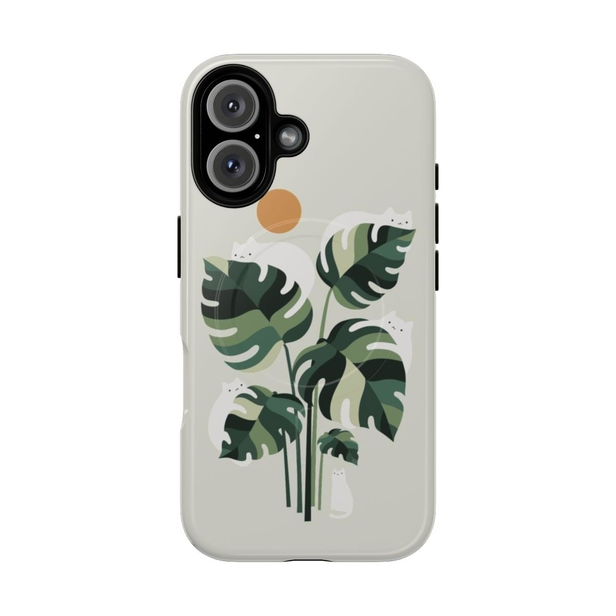 A phone case featuring a minimalist illustration of a cat and a monstera plant