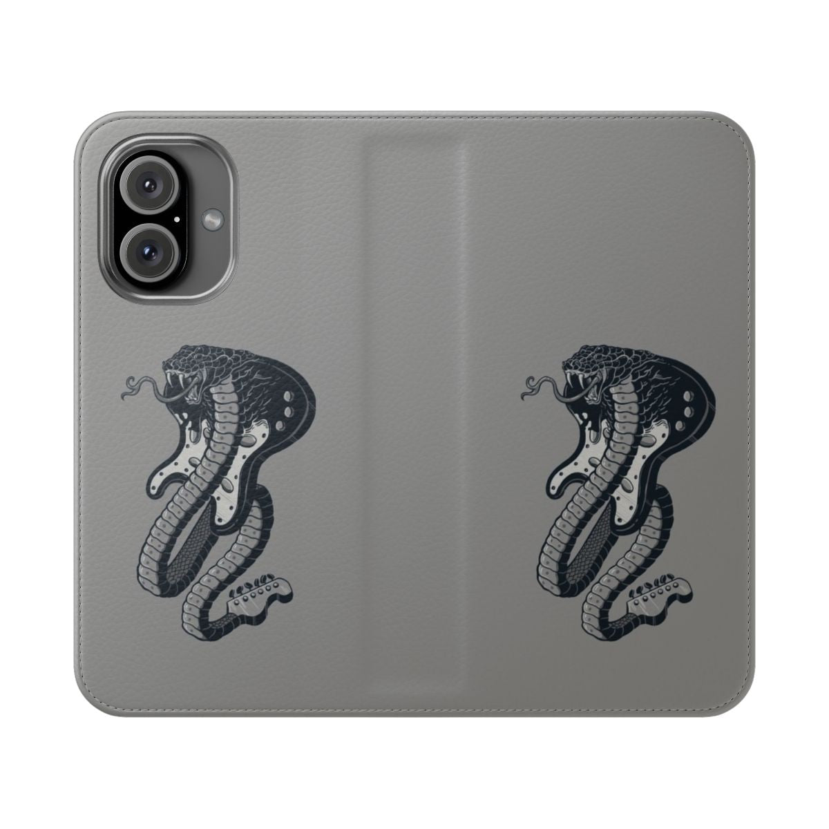 A sleek flip phone case with a snake and guitar design, perfect for music and heavy metal fans.