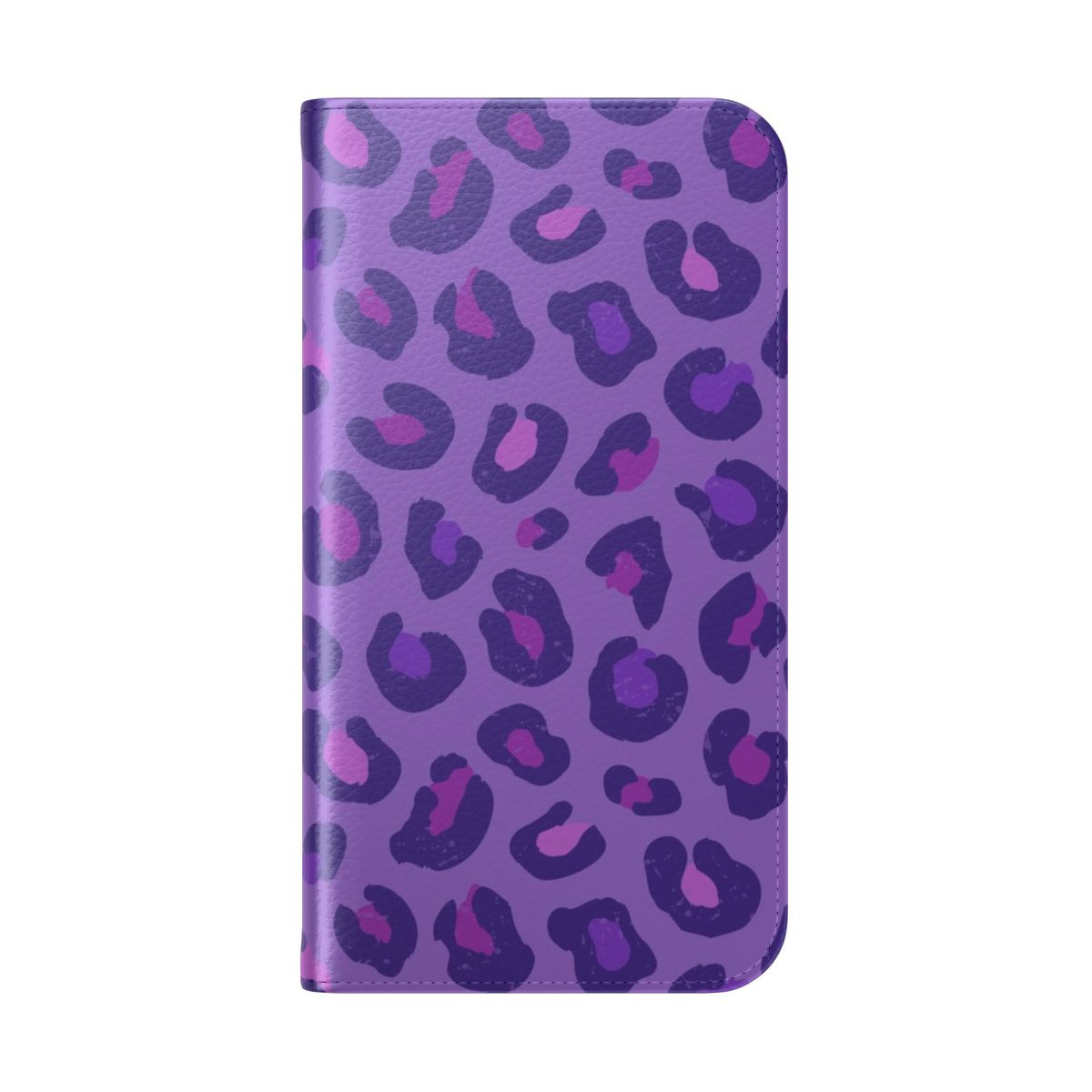 Vibrant leopard print flip cover phone case in purple and dusty pink tones. - Folded Back