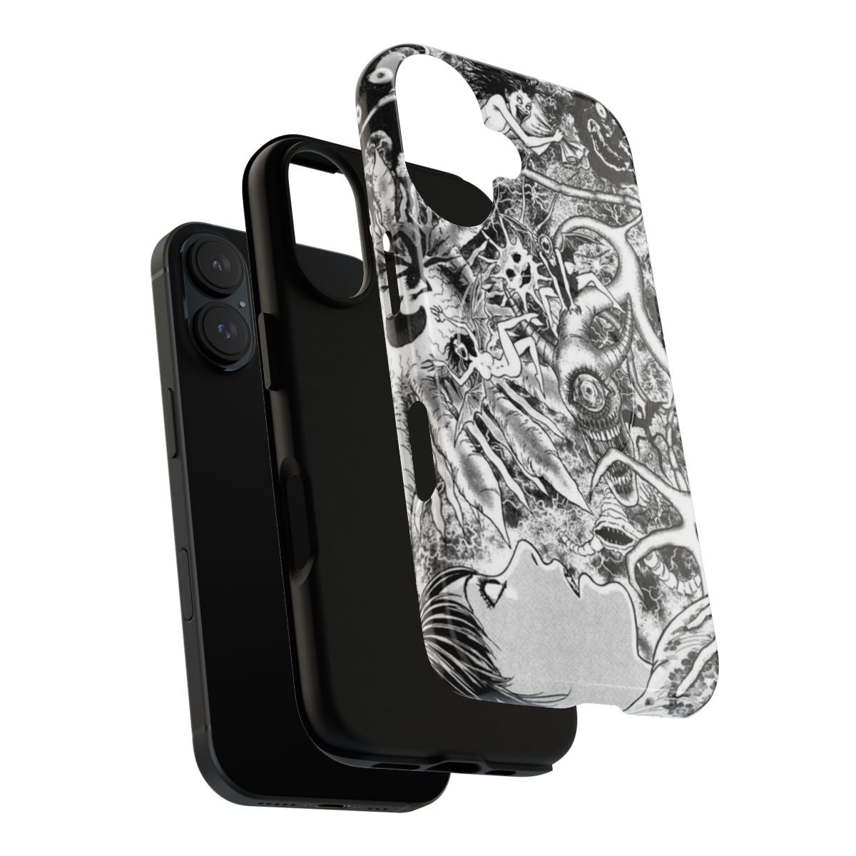 A phone case featuring fragments of horror-inspired artwork and design. - Layers