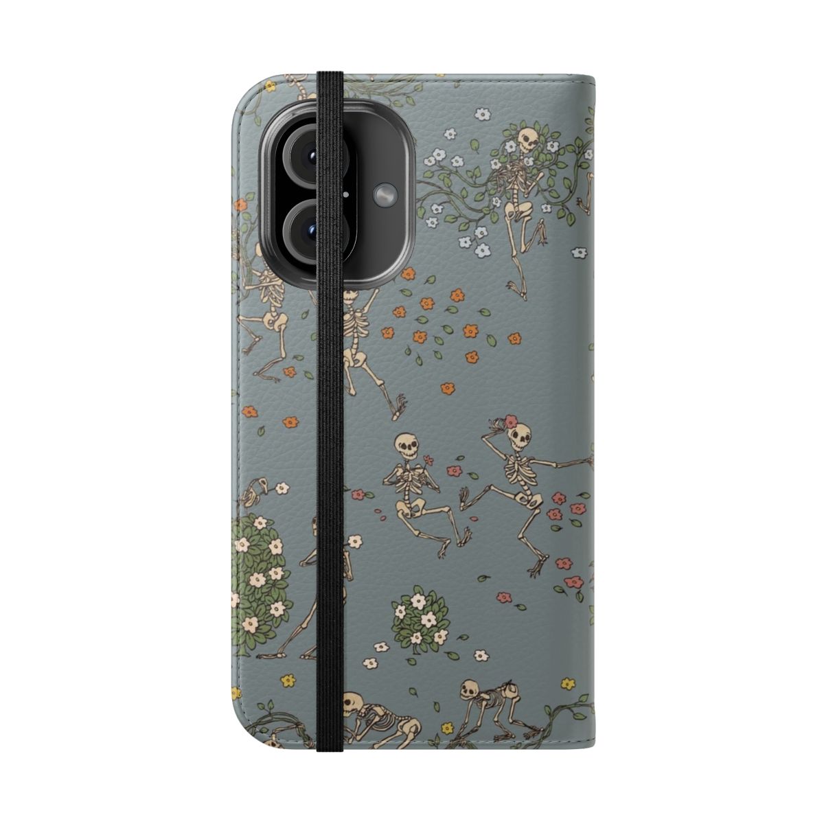 Image of a phone case featuring a design with skeletons and floral garlands. - Folded Front