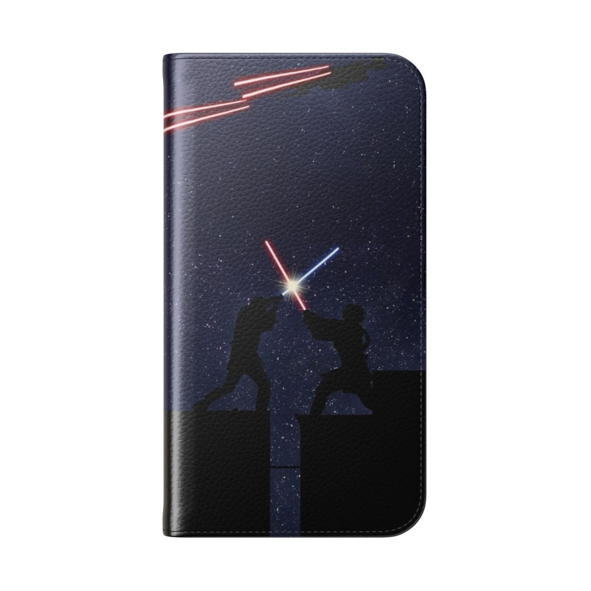 Stylish phone case featuring a lightsaber battle scene inspired by the Star Wars universe - Folded Back