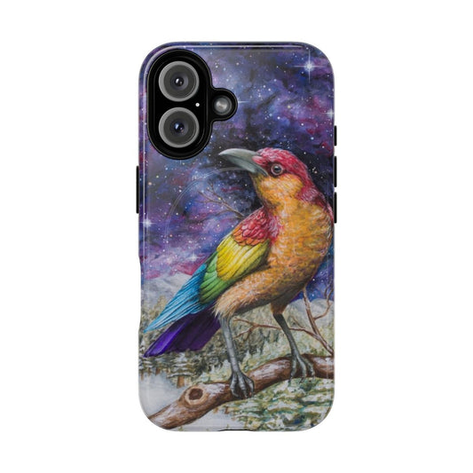 Colorful phone case featuring a majestic rainbow crow in a galaxy background