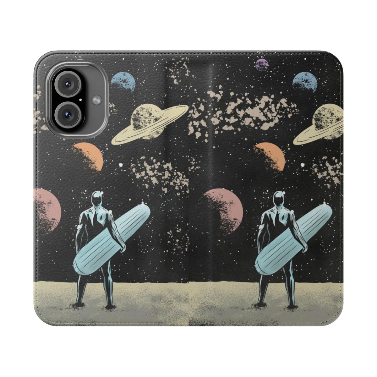 Stylized silver surfer phone case design with cosmic, retro-inspired artwork