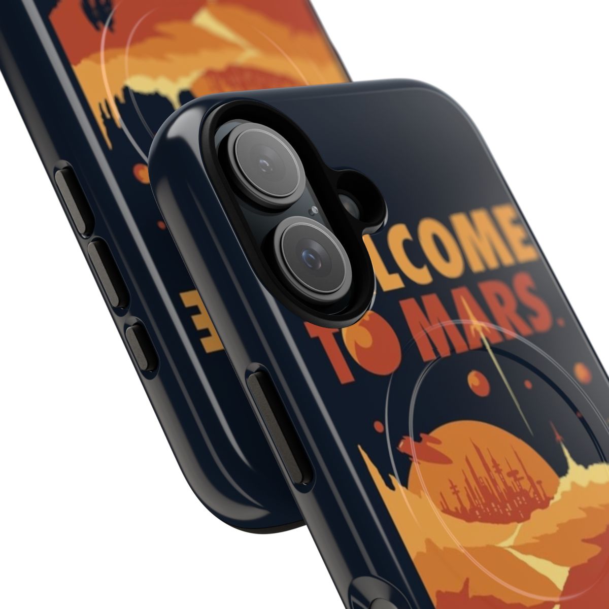 Retro magnetic phone case with a futuristic red planet design - Detail