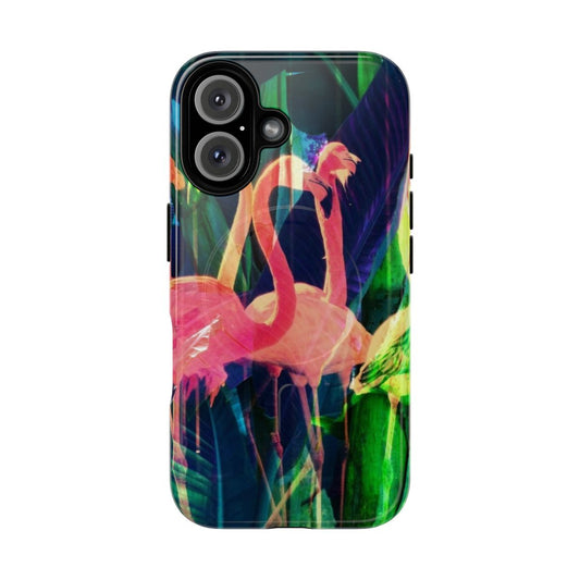 Tropical floral phone case with flamingo and botanical design