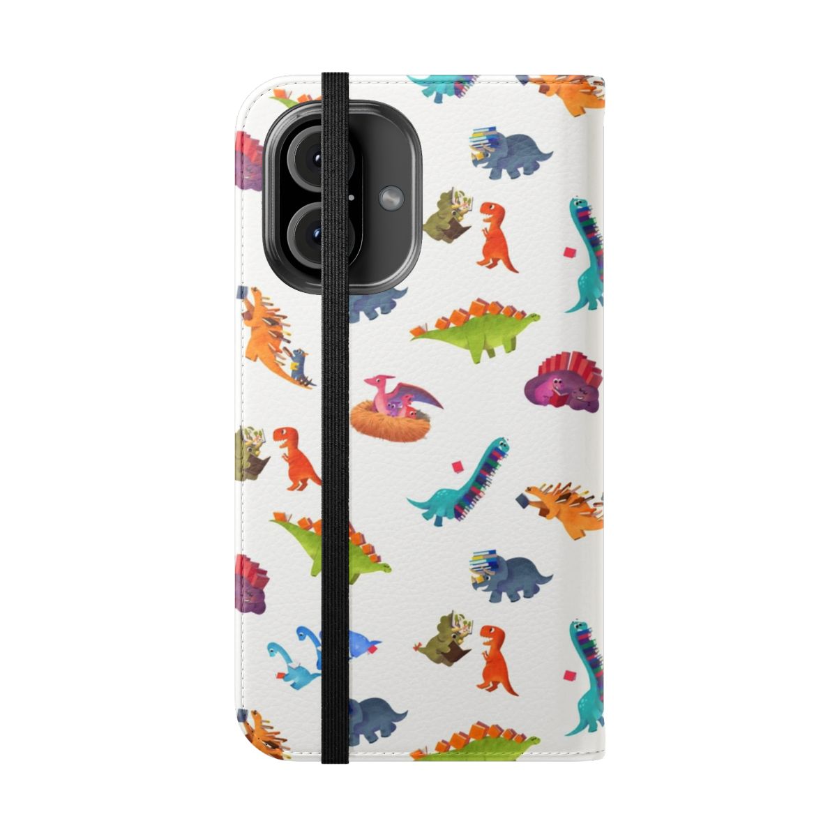 Dinosaur-themed flip cover phone case featuring a book-style design for kids - Folded Front