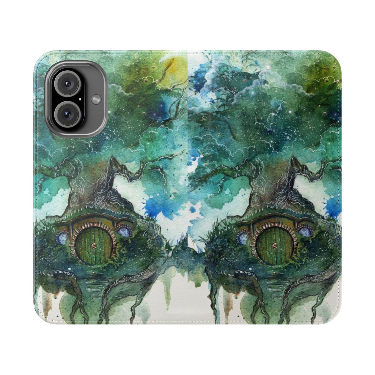 Watercolor illustration of an old oak tree with fantasy elements on a phone case