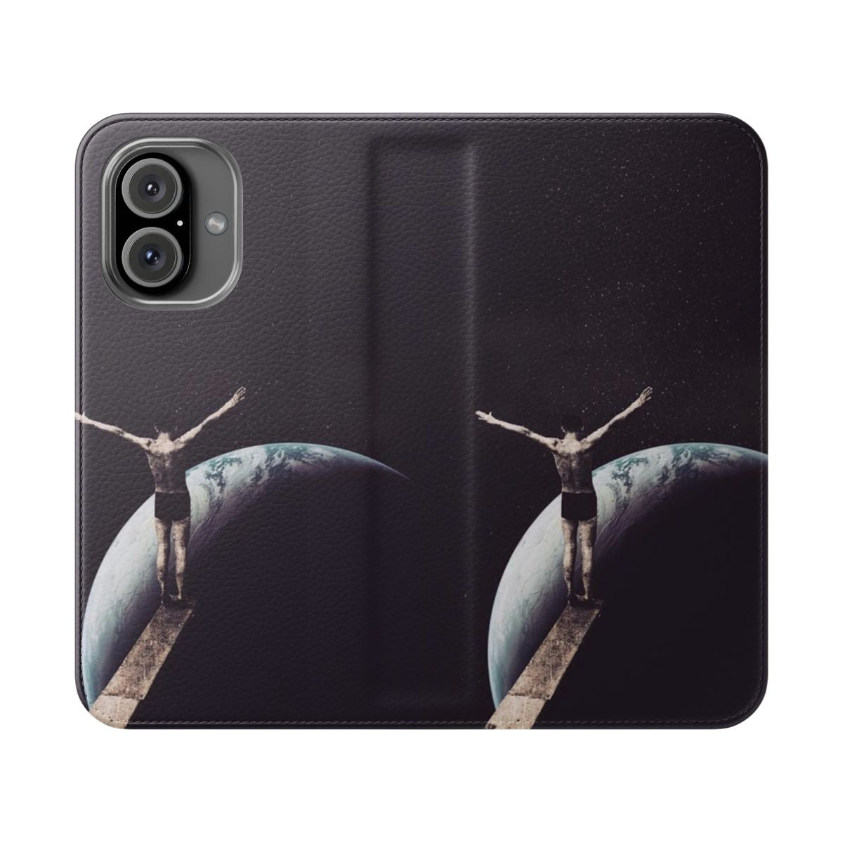 Artistic flip cover phone case with surreal space collage design