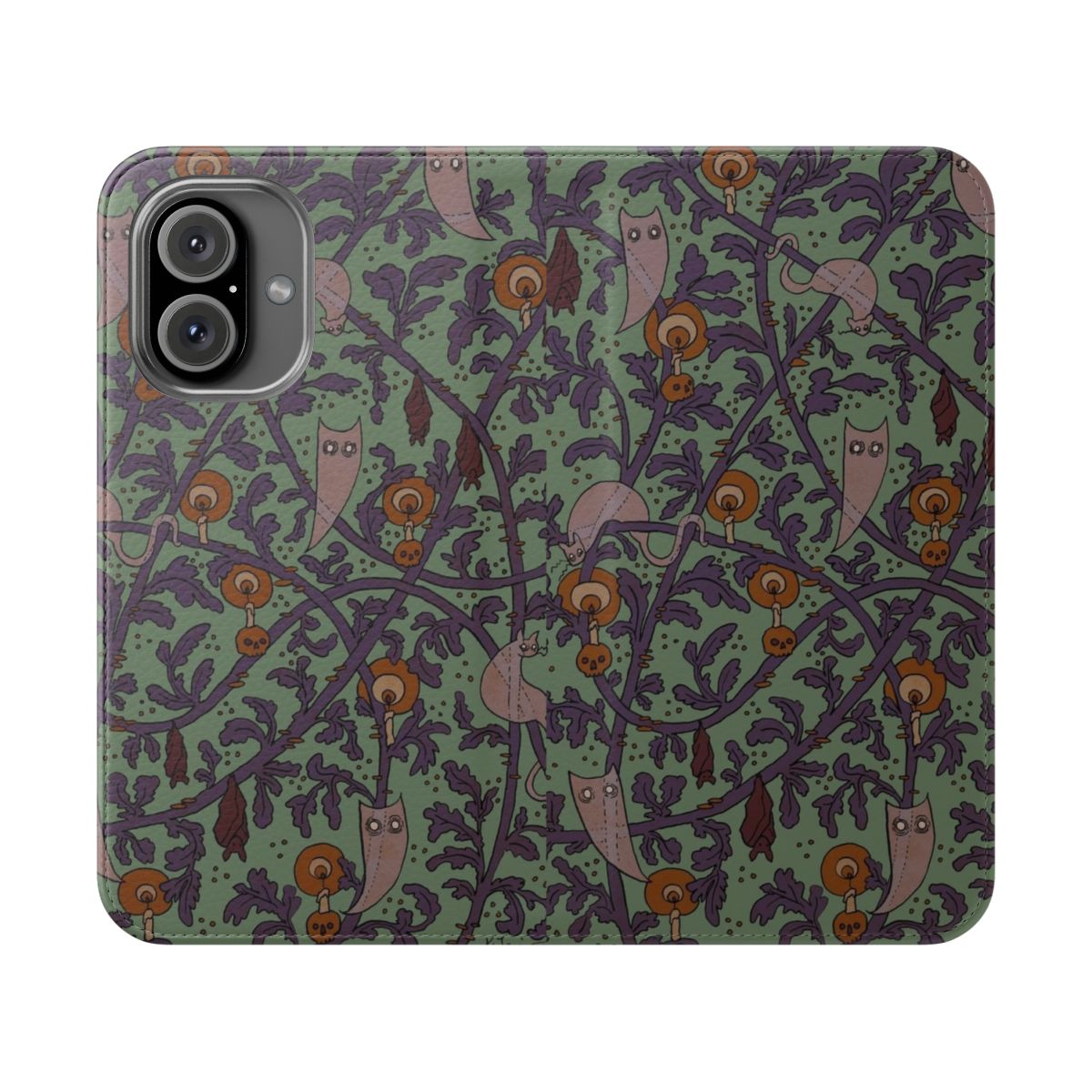 Haunted woods themed flip cover phone case with ghostly, spooky pattern