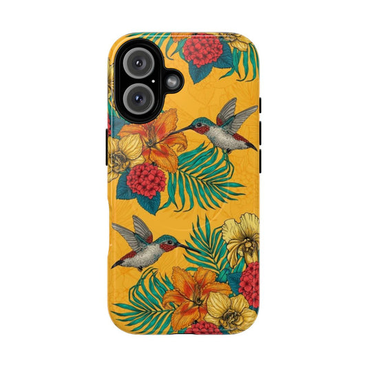 Tropical floral phone case featuring a bouquet of flowers and a hummingbird in a vibrant, botanical pattern.