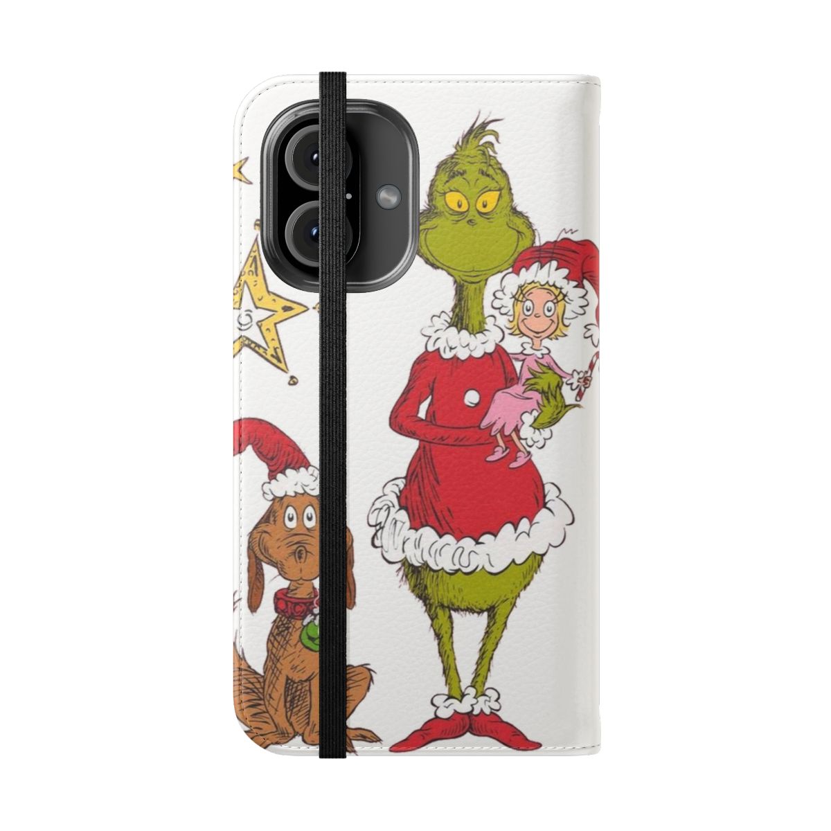 A flip cover phone case featuring the Grinch, a popular Christmas character. - Folded Front