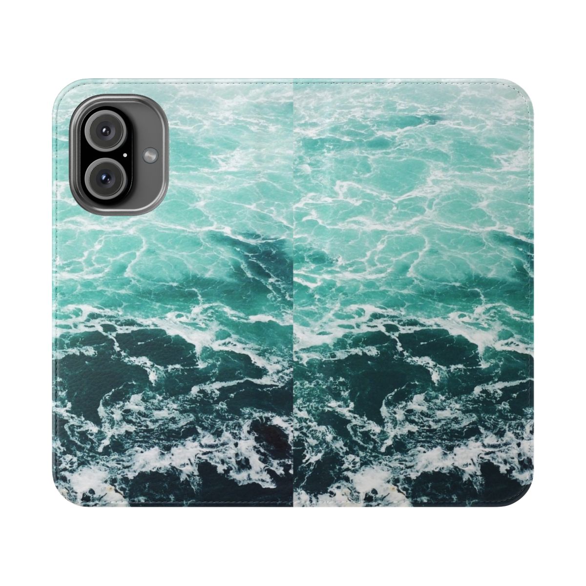 Vibrant blue and turquoise phone case with a beautiful ocean wave and beach pattern