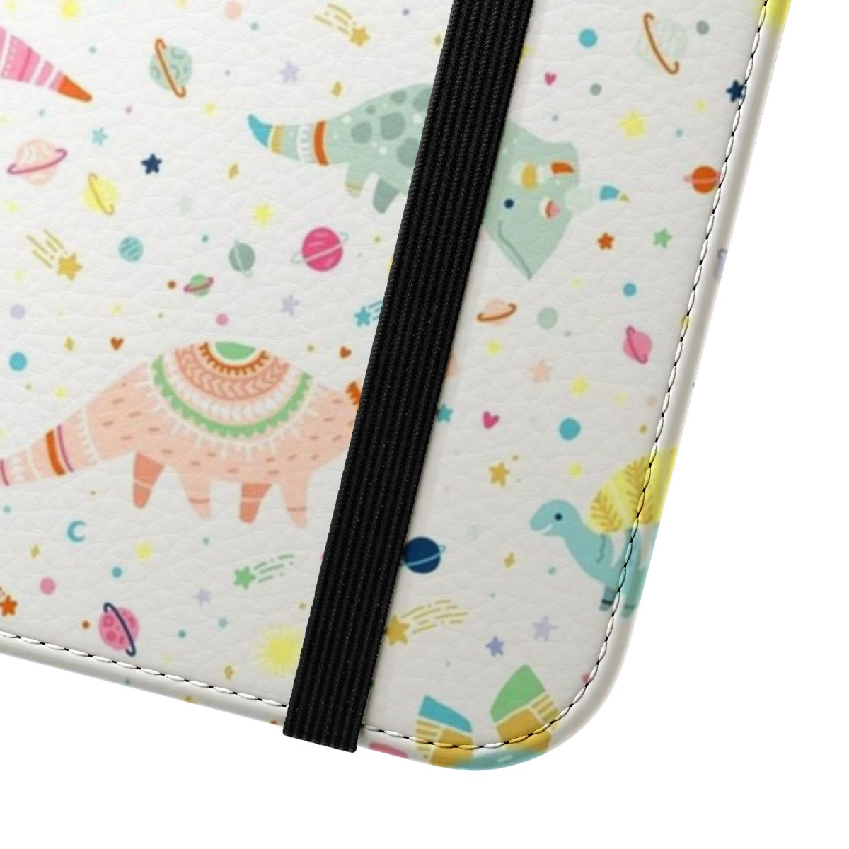 Dinosaur-themed flip phone case featuring a vibrant, pastel-colored pattern - Close Up