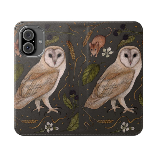 A artistic phone case featuring a watercolor illustration of a barn owl perched on a branch with blackberries.