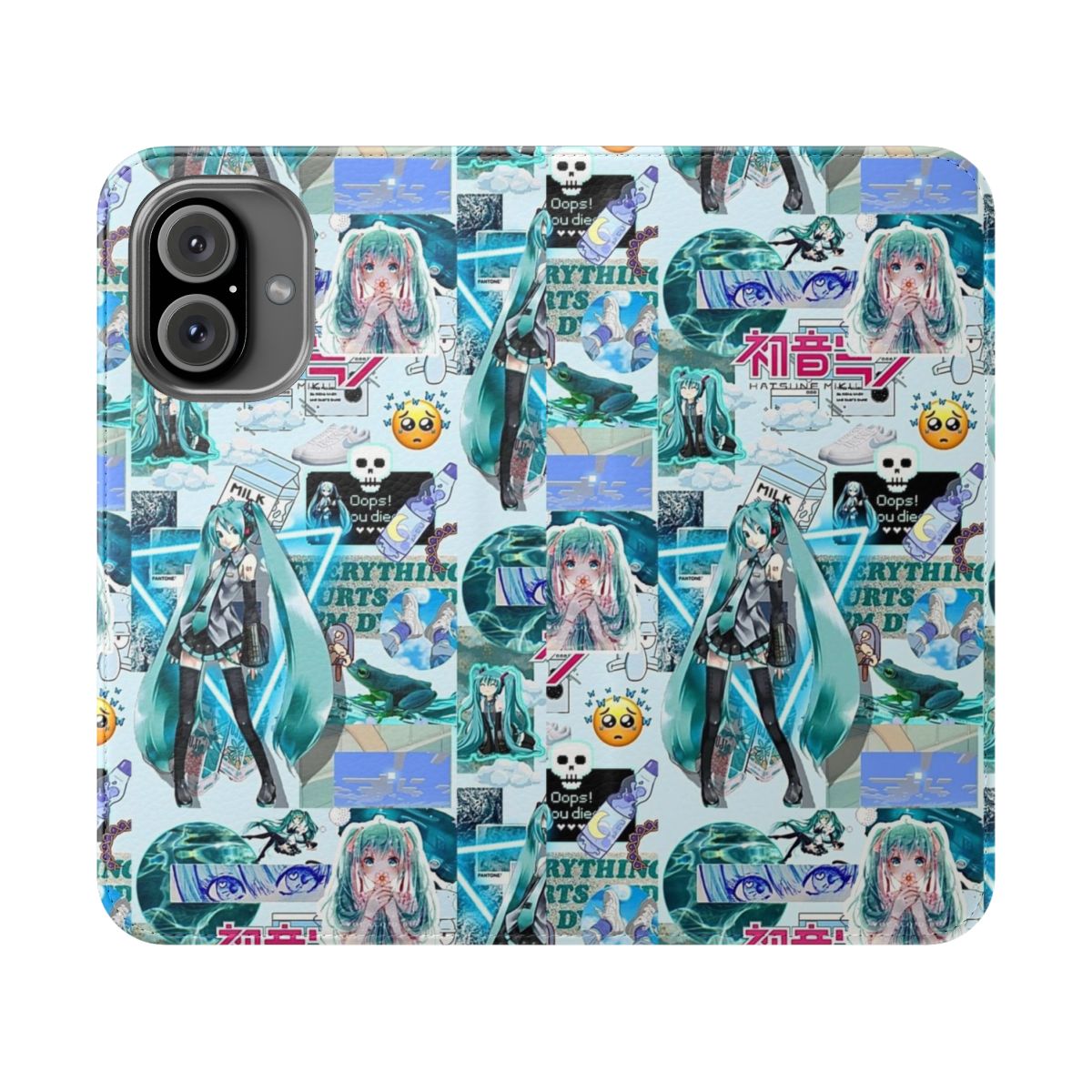 Anime-inspired flip phone case featuring Miku Hatsune, a popular vocaloid character, in a blue and white aesthetic.