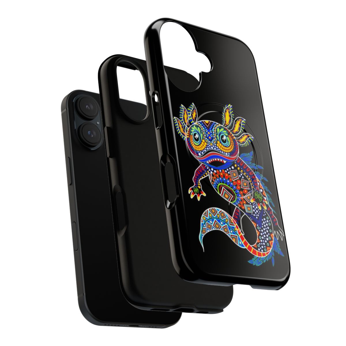 Vibrant phone case featuring a charming axolotl design with Mexican-inspired elements - Layers