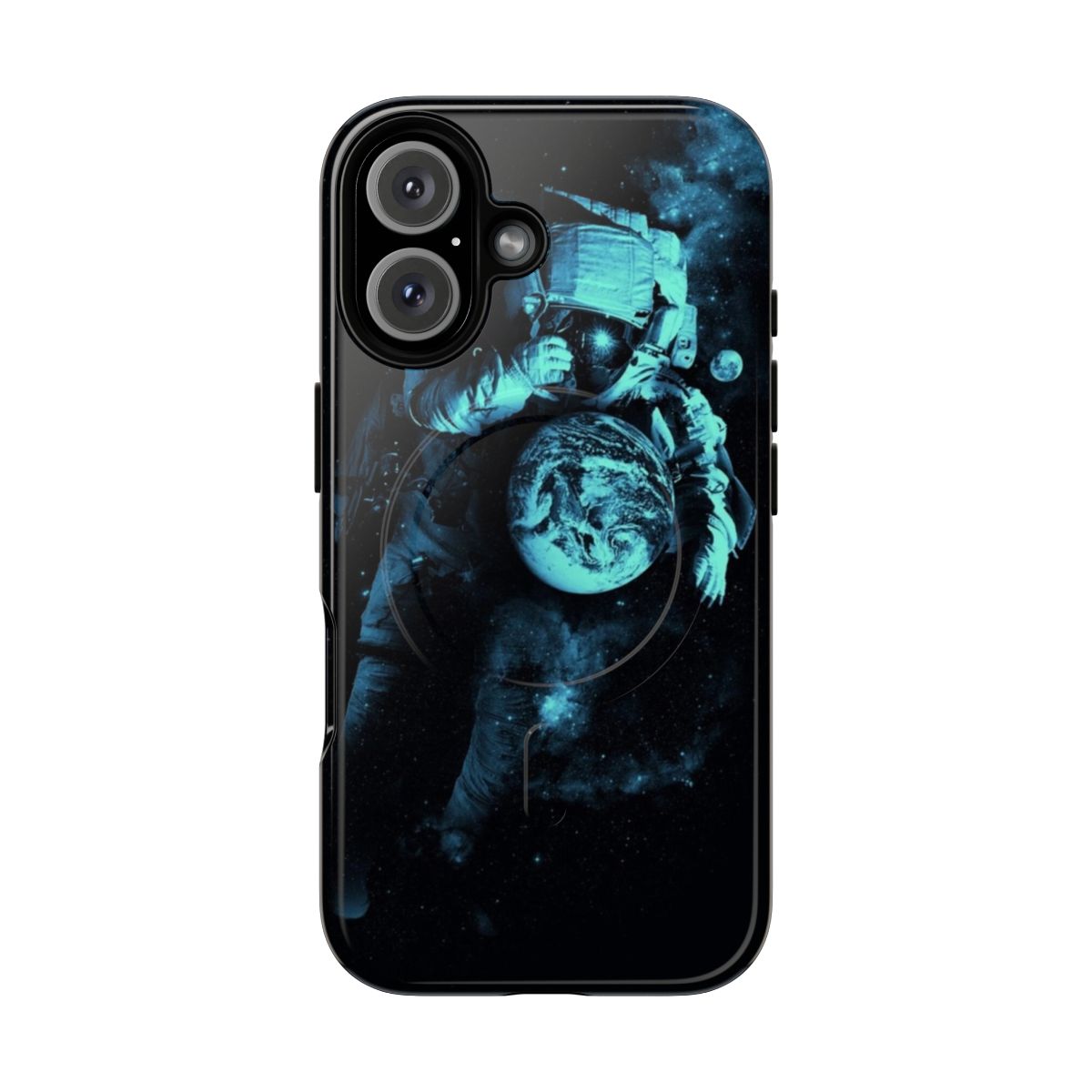 Cosmic space-themed phone case with astronaut, earth, moon, and stars