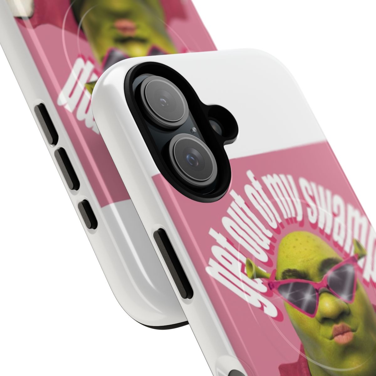 Shrek-themed pink magnetic tough phone case with "Get Out of My Swamp" design - Detail