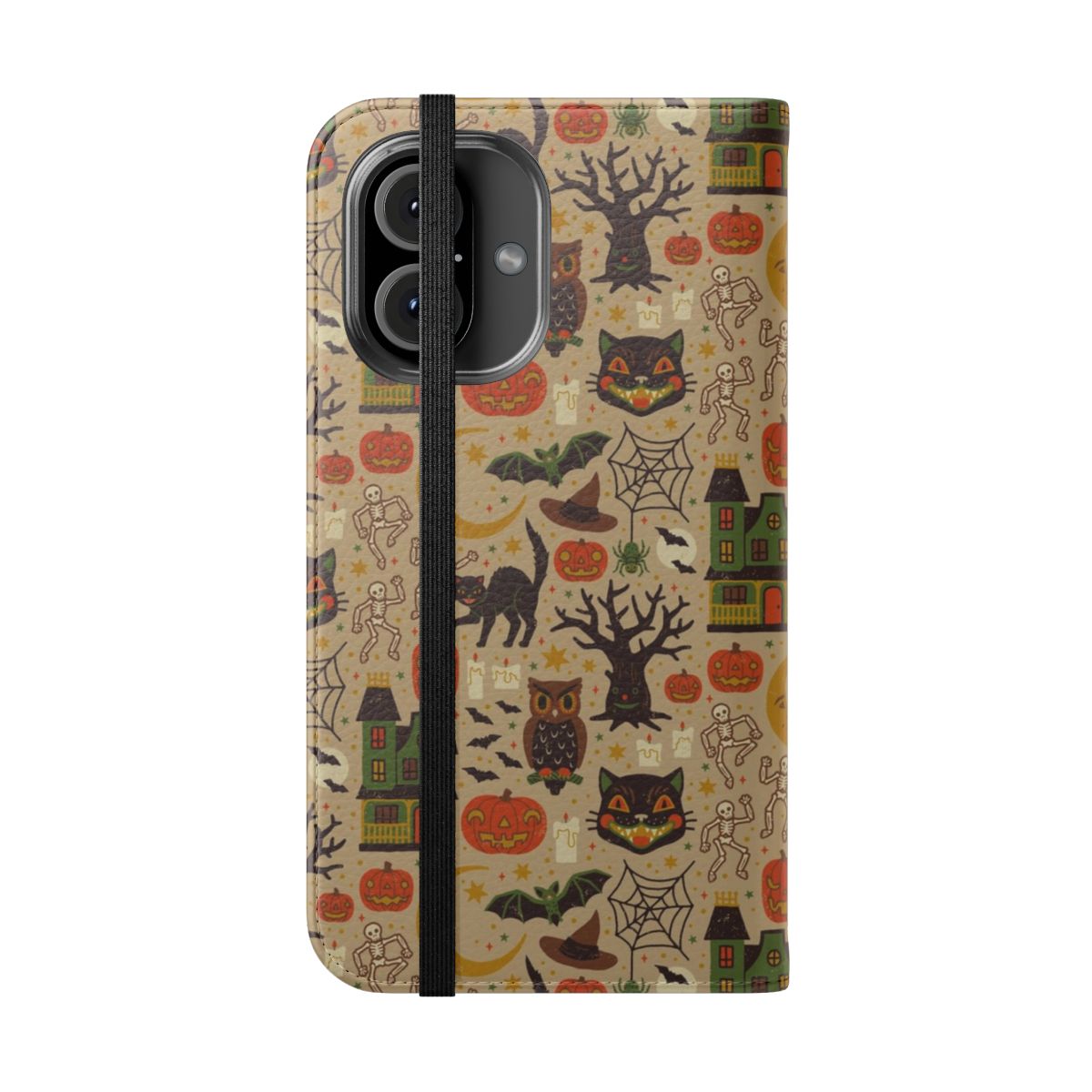 Vintage-inspired Halloween-themed phone case cover featuring black cats, owls, bats, and other spooky elements. - Folded Front