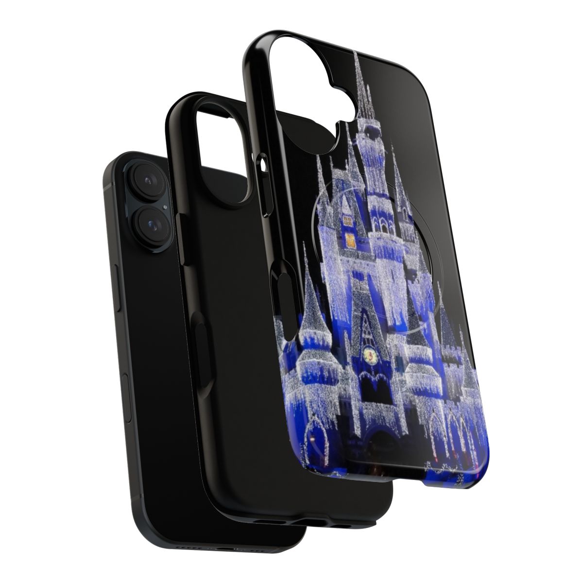 Detailed icy castle phone case with blue and white lights, inspired by Disney princess castles. - Layers