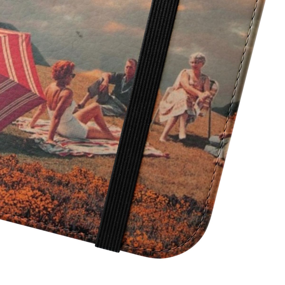 Retro-styled phone case featuring a digital collage design with UFOs, clouds, and a summer beach scene. - Close Up