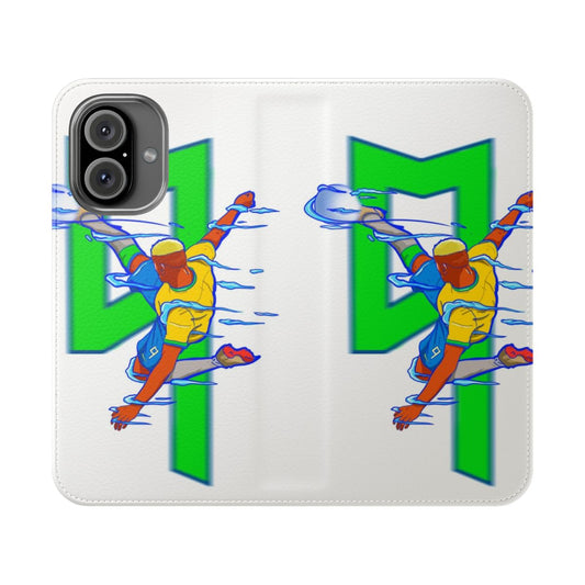 Colorful and modern flip phone case design with neon soccer/futbol graphics