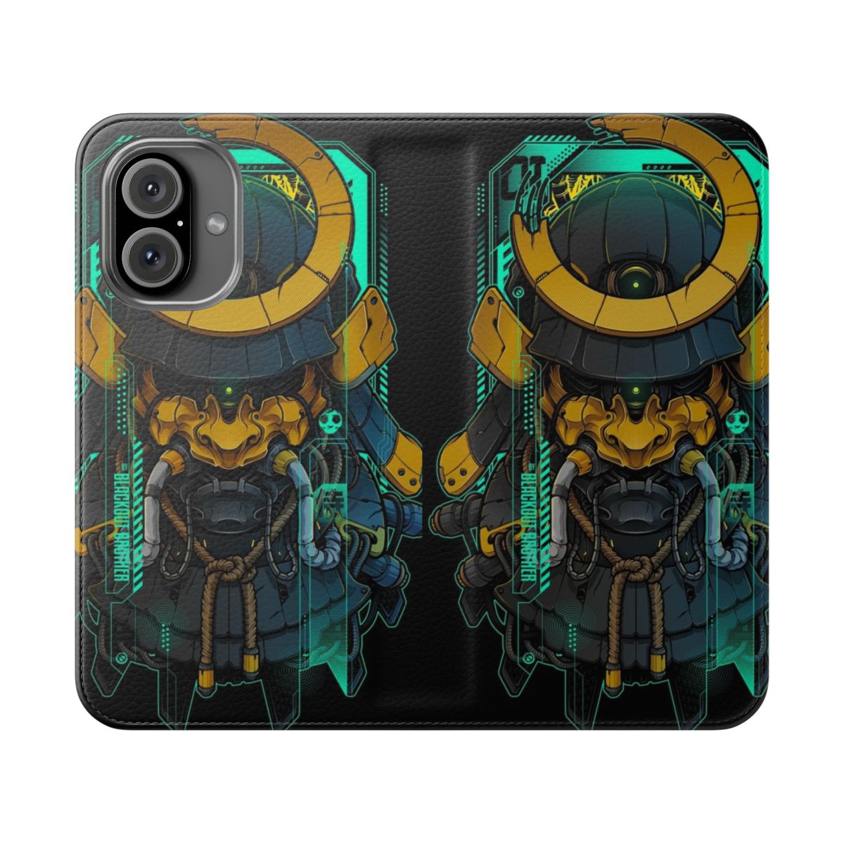 Flip cover phone case featuring a stylized samurai mecha design with oni and hannya elements.