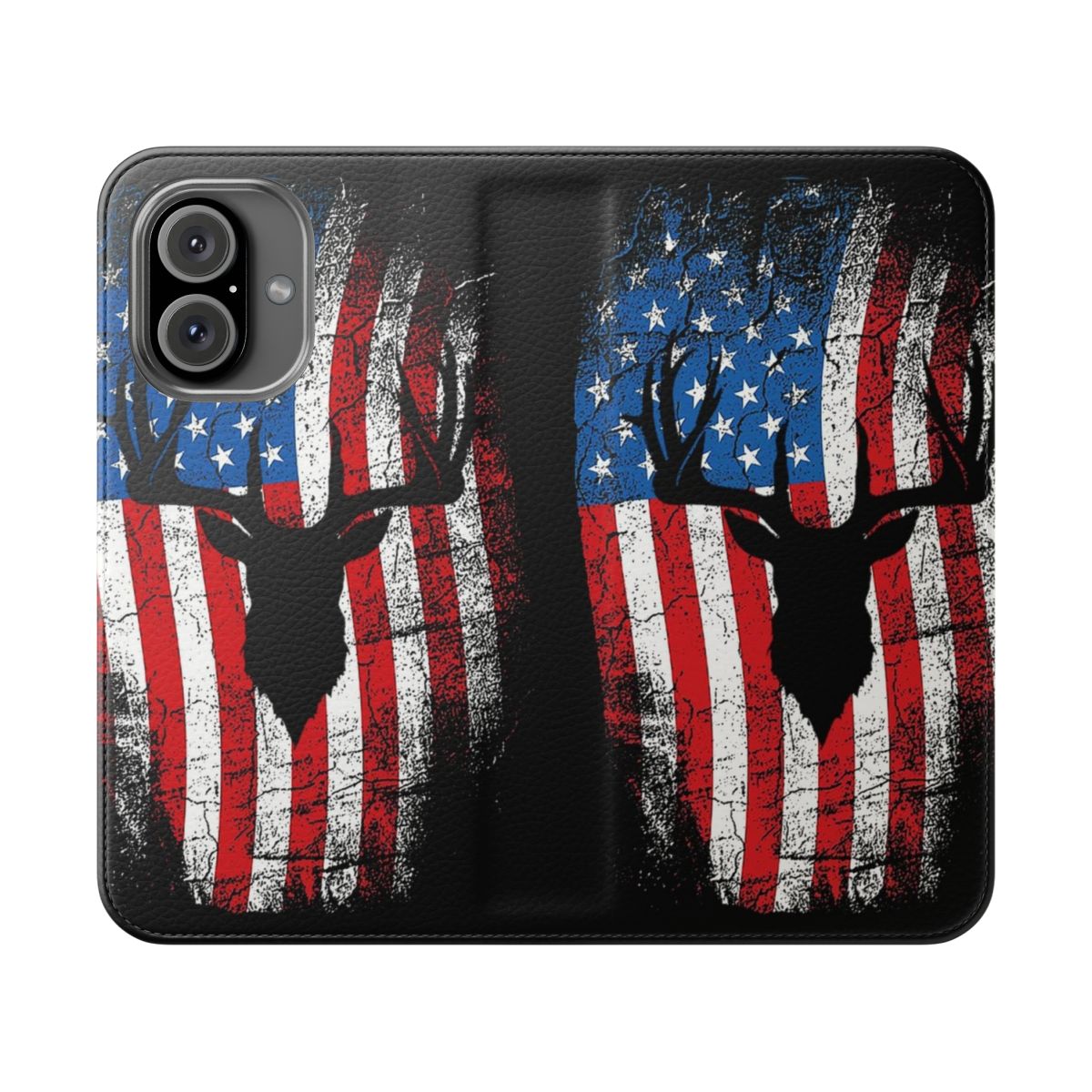 An American flag-themed phone case with a deer design, ideal for hunters and fathers.