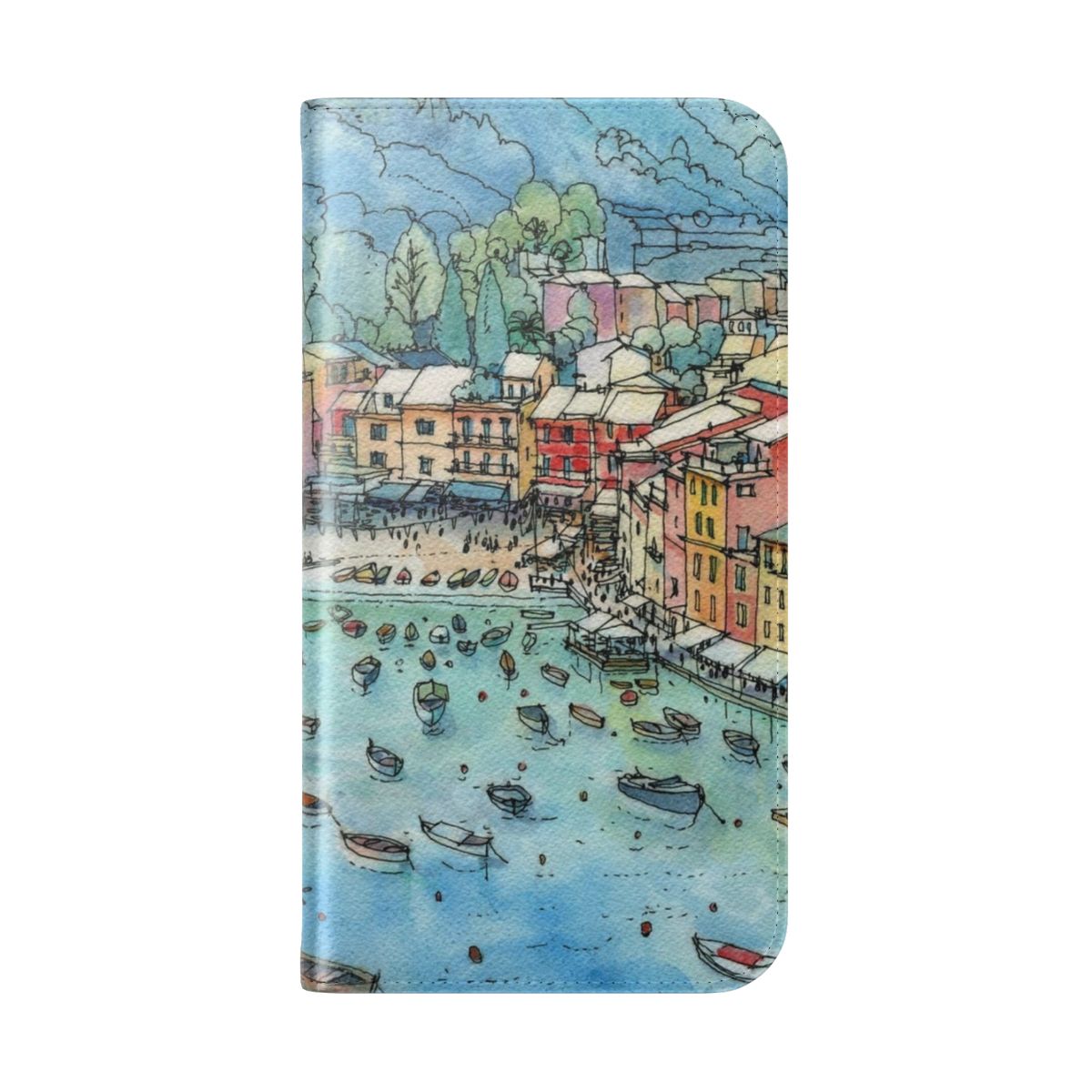 Flip phone case featuring a picturesque landscape of Portofino, Italy - Folded Back