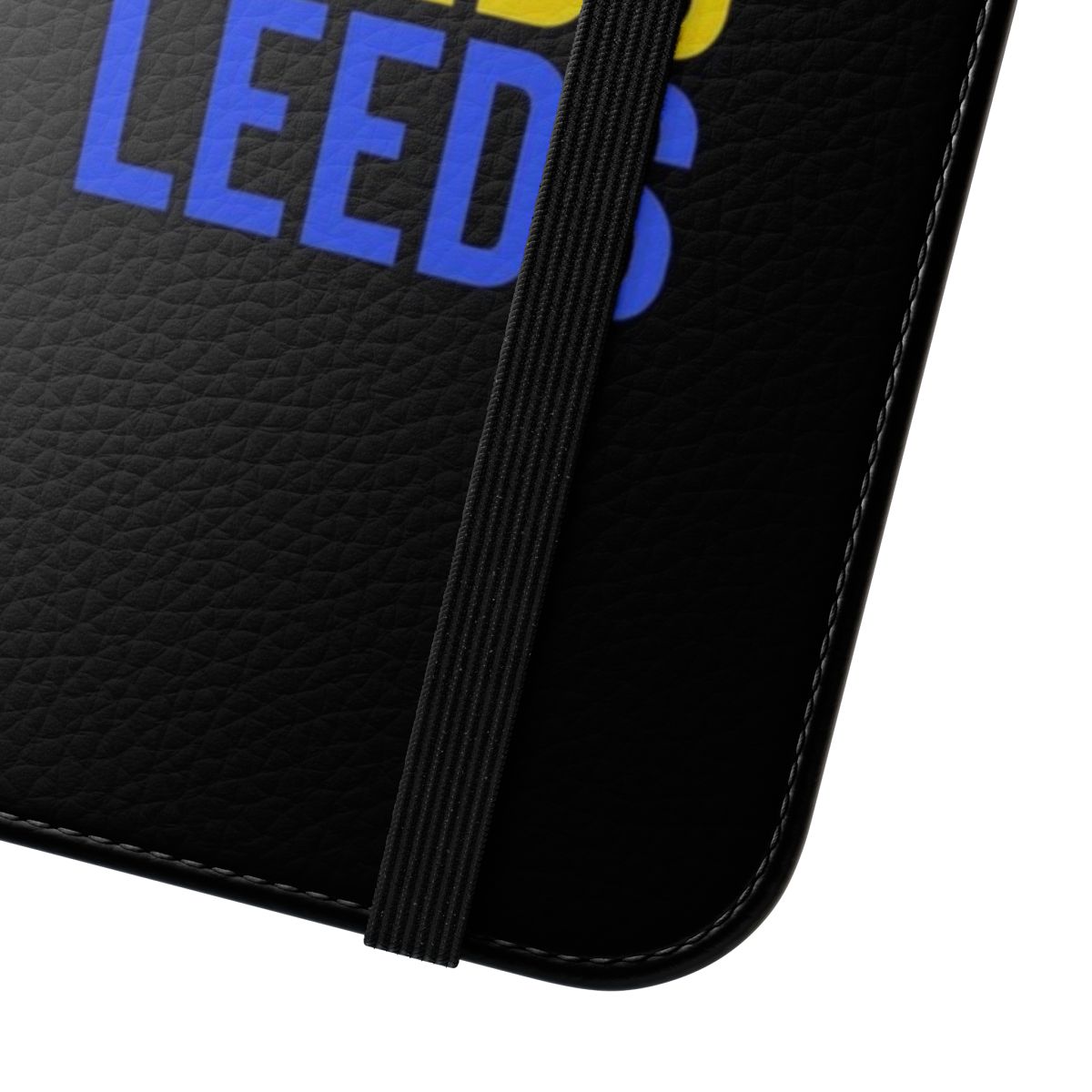 Sleek flip cover phone case featuring the Leeds football club crest and colors - Close Up