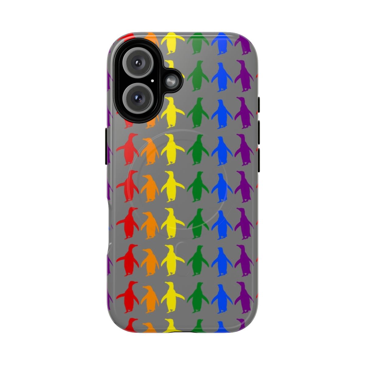 Grey phone case with a background of colorful LGBTQ+ pride penguins