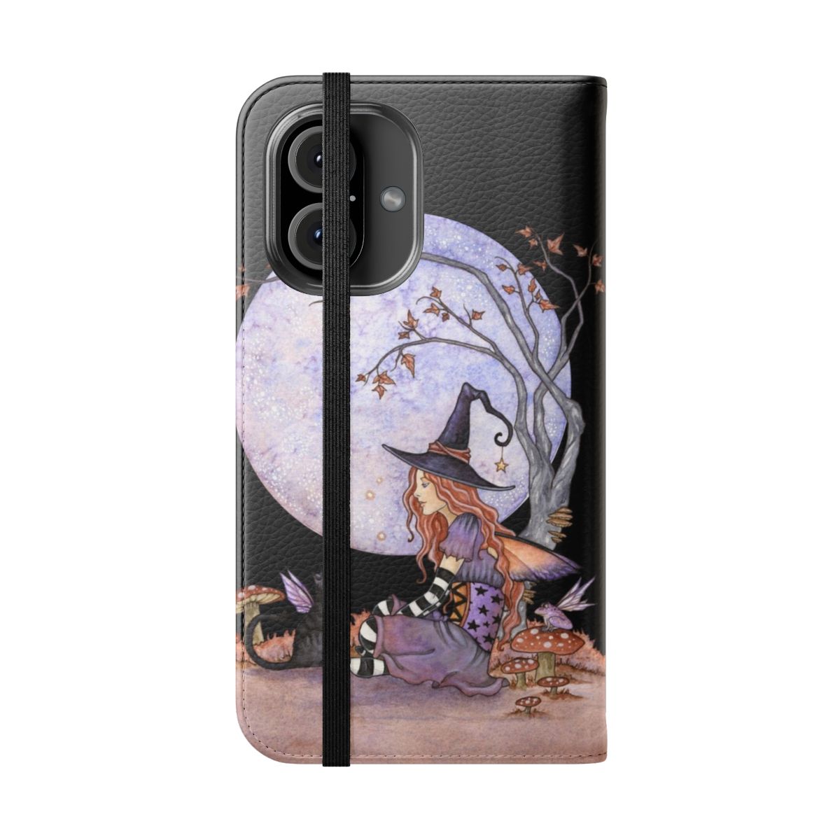 Enchanted moon magick phone case with fantasy illustrations of a full moon, fairy cat, mushrooms, and a twisted tree. - Folded Front