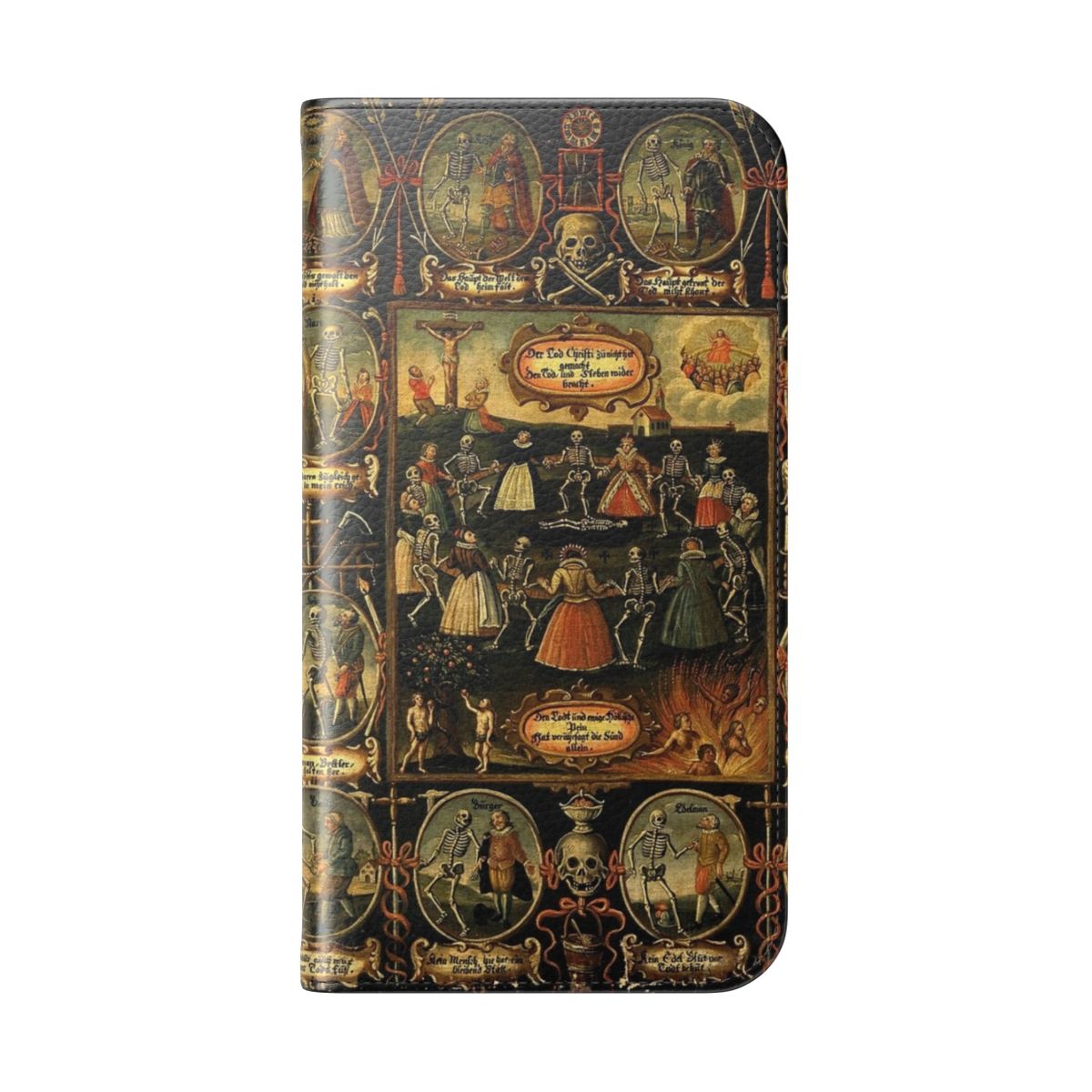 A gothic-inspired flip cover phone case featuring a danse macabre design with skulls and skeletons. - Folded Back