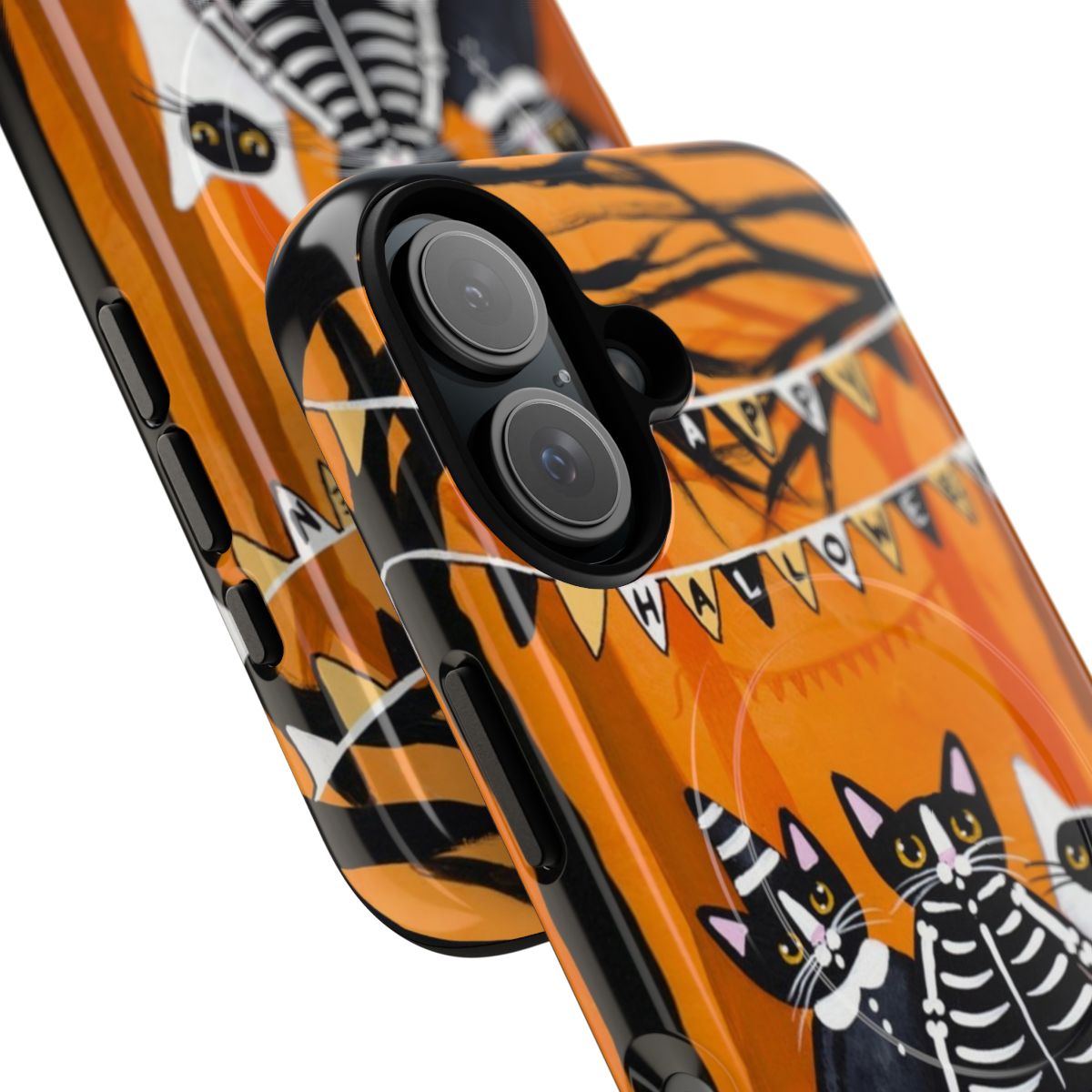 Spooky cat-themed Halloween phone cases with skeleton, ghost, and autumn forest designs - Detail