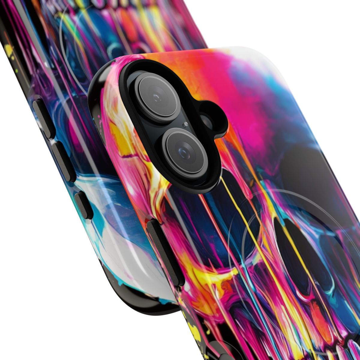 Colorful neon skull with dripping paint and psychedelic, surreal design on a tough phone case. - Detail