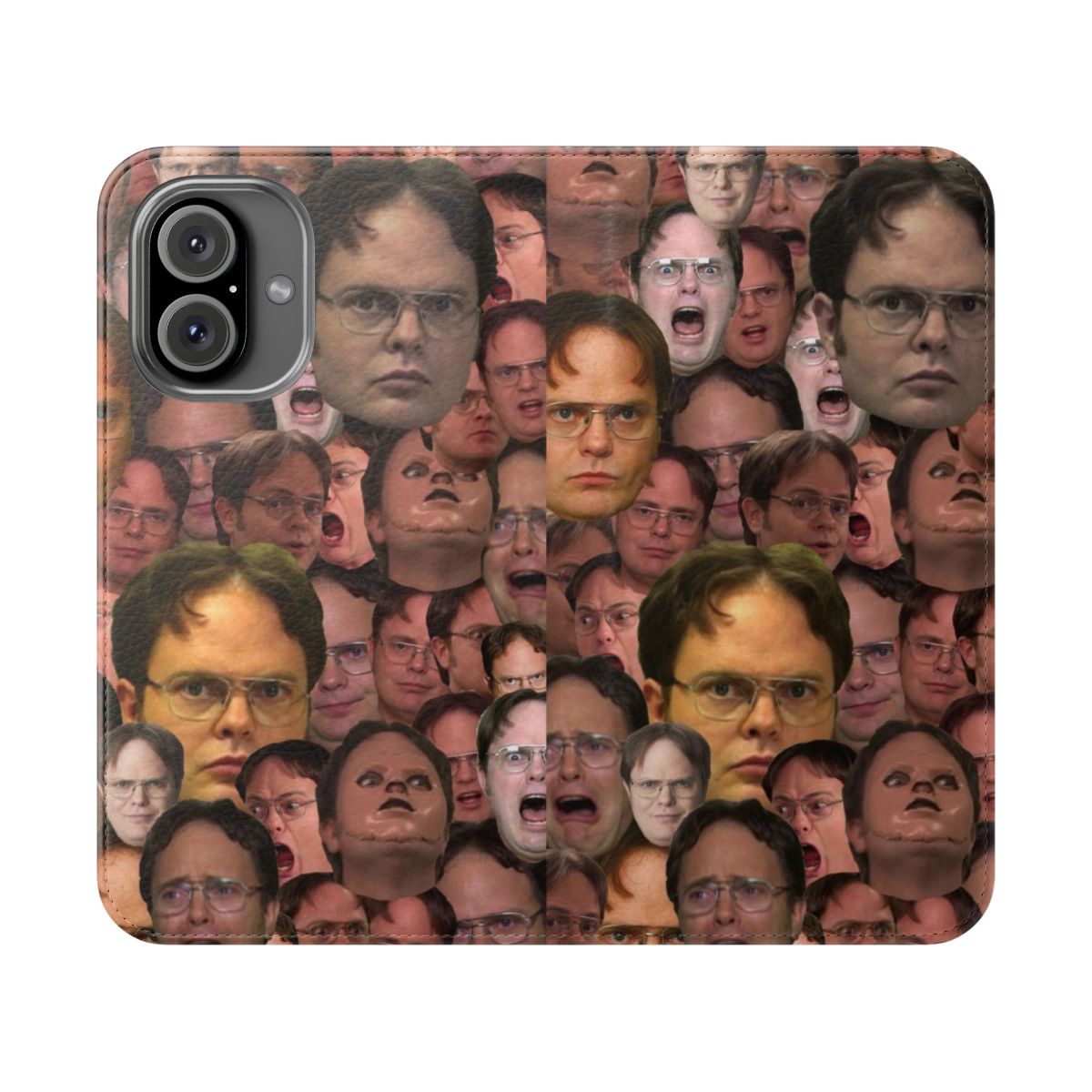 A flip cover phone case featuring a compilation of iconic facial expressions and quotes from Dwight Schrute, a beloved character from the TV series "The Office".