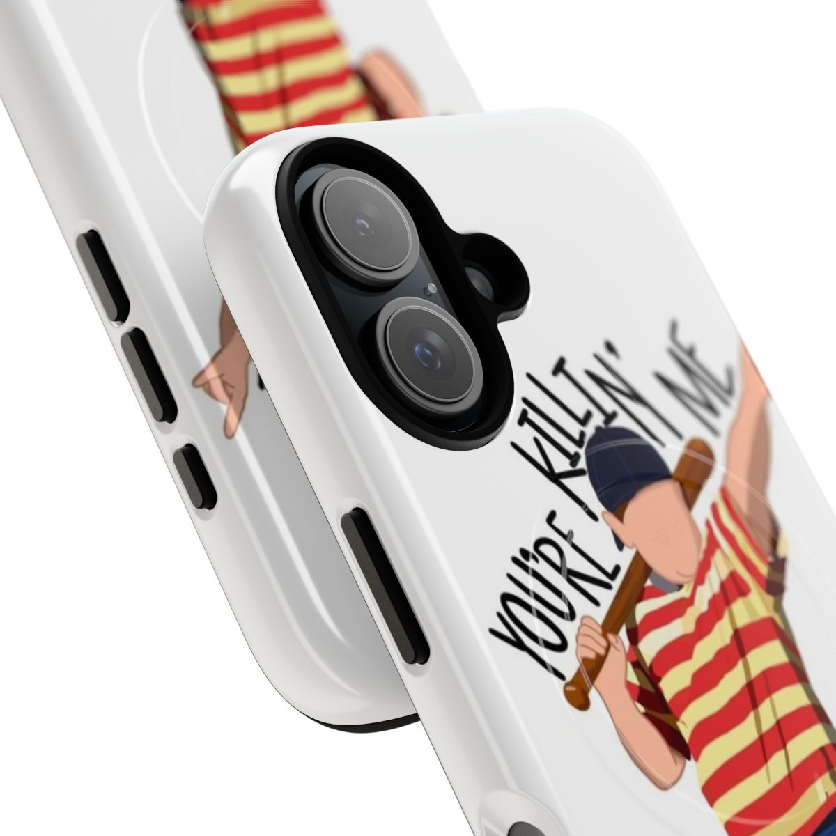 Retro baseball-themed phone case with "Killing Me Smalls" design - Detail