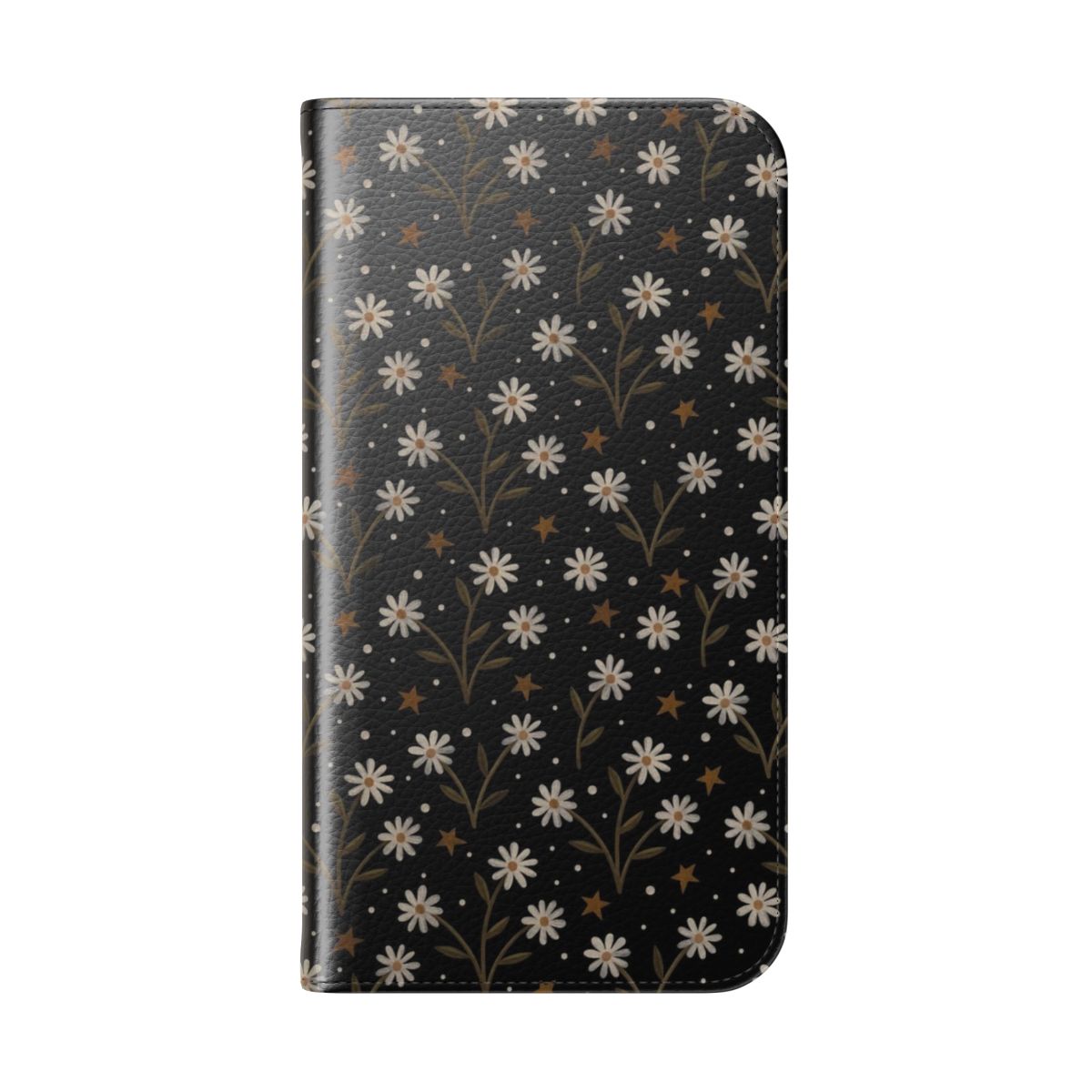 Elegant phone case featuring a pattern of tiny white flowers on a dark background - Folded Back