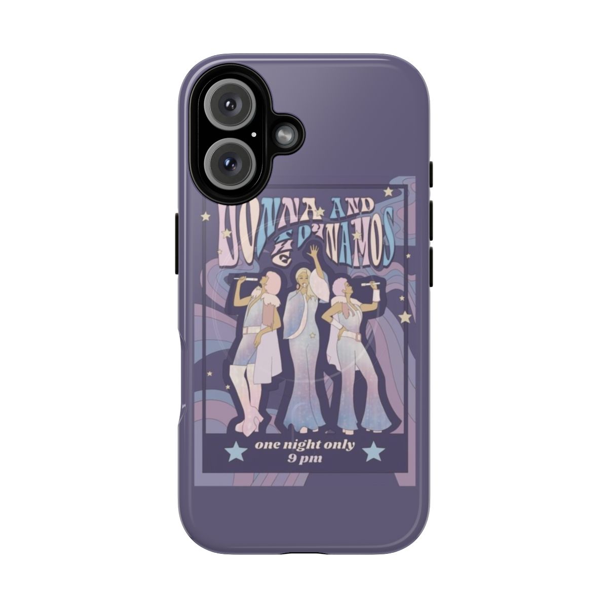 Retro 70s-inspired magnetic phone case with Donna and the Dynamos concert poster design