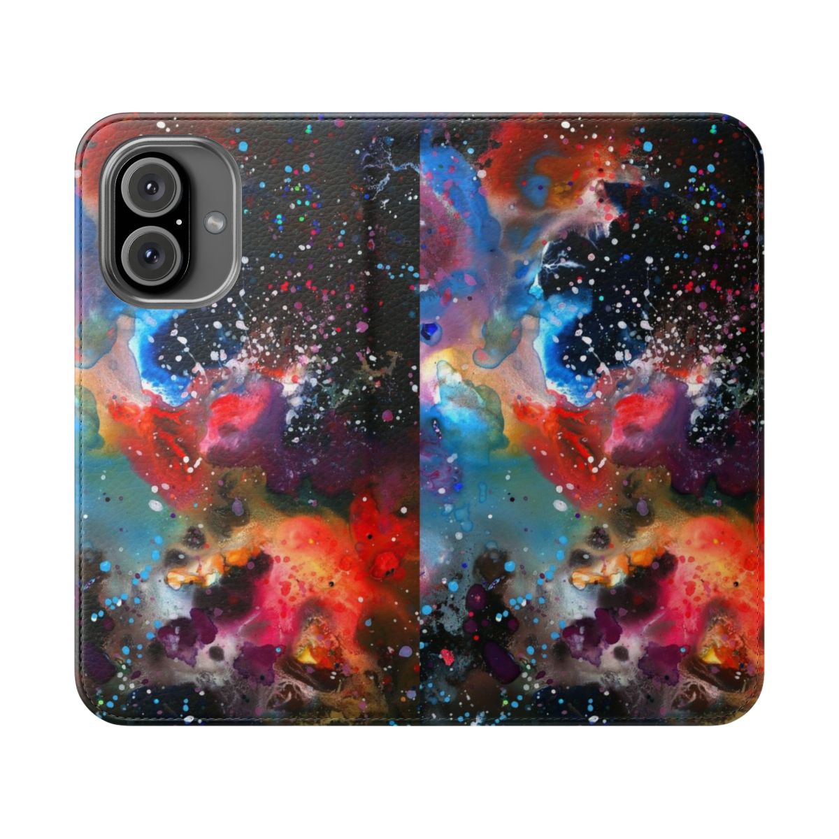 Colorful galaxy nebula pattern with glitter and abstract fluid shapes on a phone case.