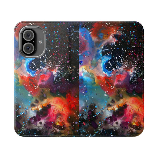 Colorful galaxy nebula pattern with glitter and abstract fluid shapes on a phone case.