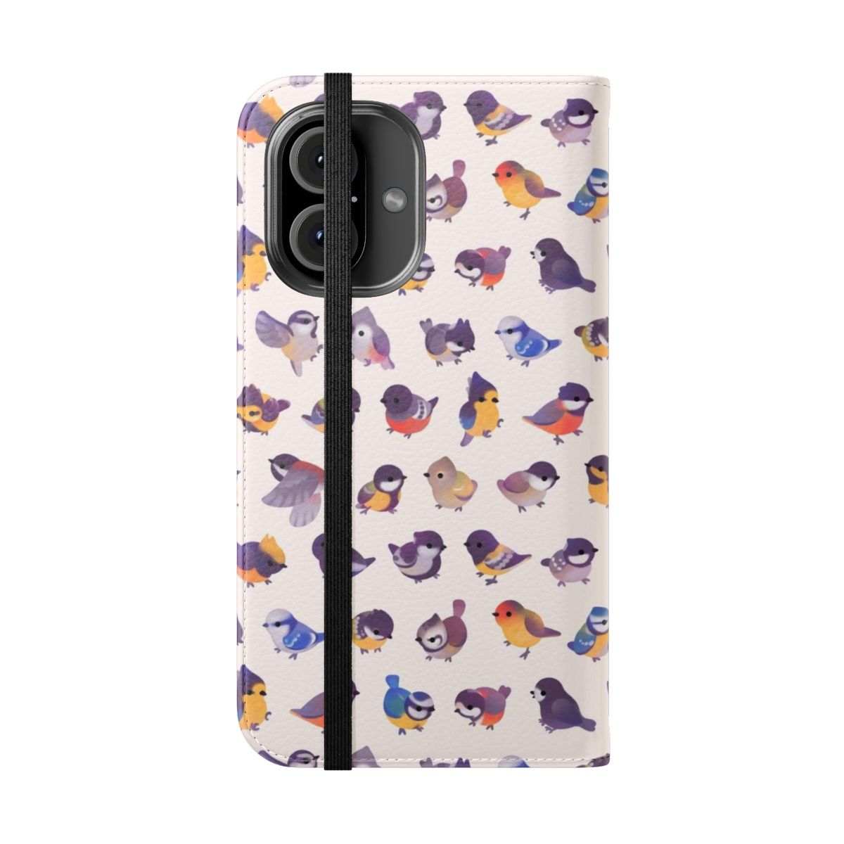 A flip cover phone case featuring a beautifully illustrated little bird (Paridae) design. - Folded Front