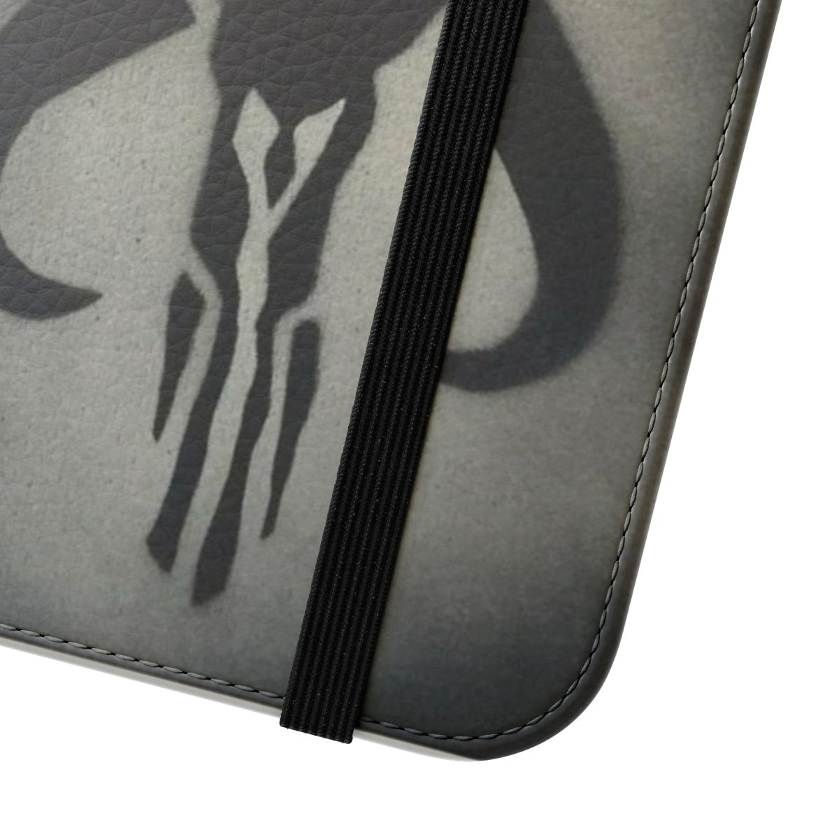 Mandalorian-inspired flip cover phone case with mythosaur skull design - Close Up