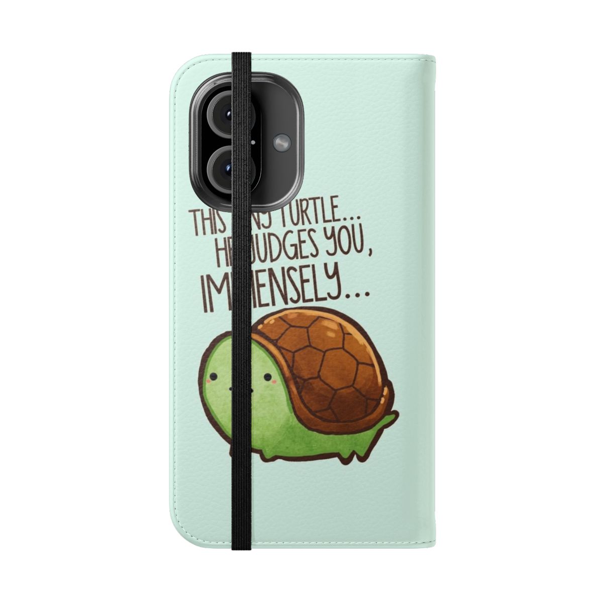 Flip cover phone case featuring a cute, green turtle design - Folded Front