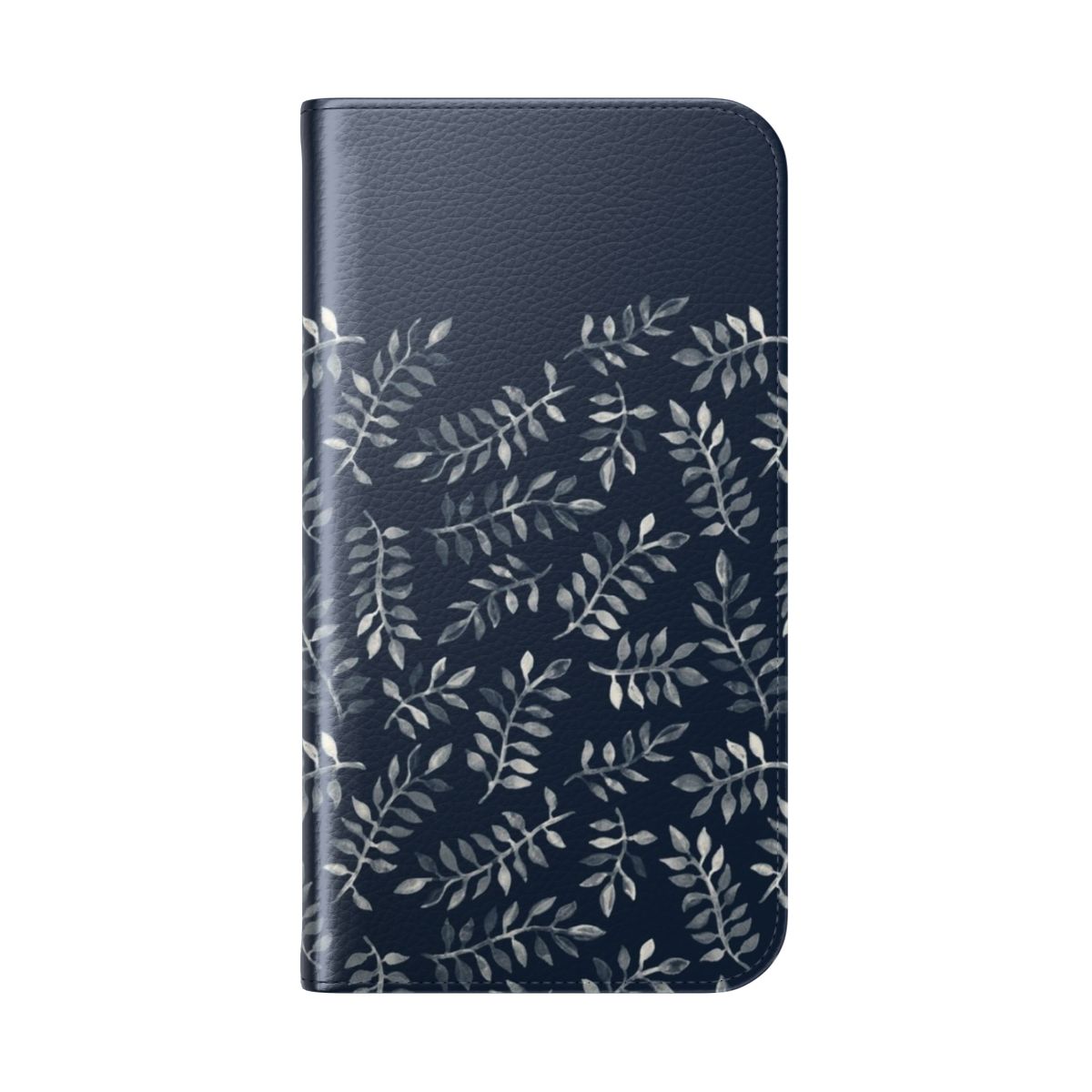 Navy blue flip phone case with hand painted white leaf pattern - Folded Back