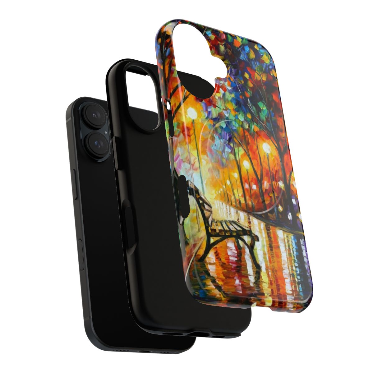 An artistic phone case featuring Leonid Afremov's painting "The Loneliness of Autumn" with a vibrant autumn forest landscape. - Layers