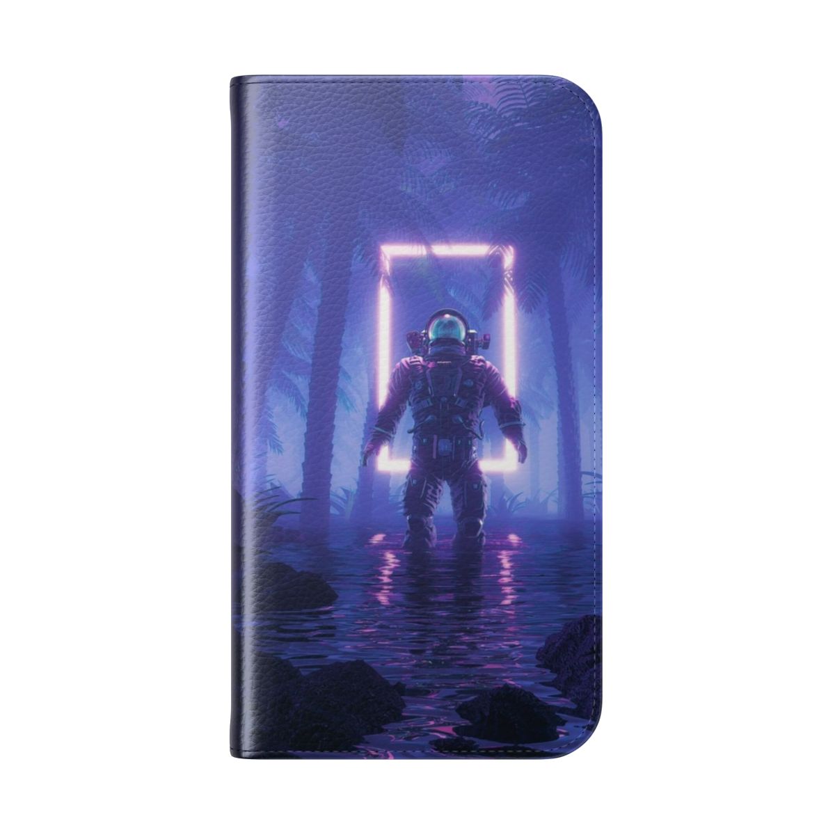 Futuristic flip cover phone case with a cosmic, sci-fi design featuring planets, stars, and a space theme. - Folded Back